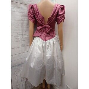 Vtg Bridesmaid Party Prom Dress Bow Satin White Pink V Neck XS Details
